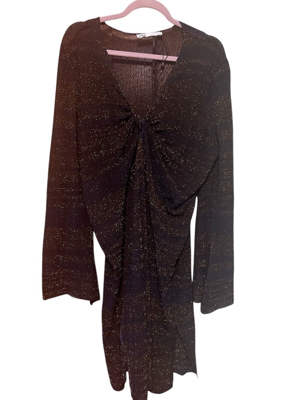 Zara Metallic Thread Knot Front Knit Tunic Dress - Medium